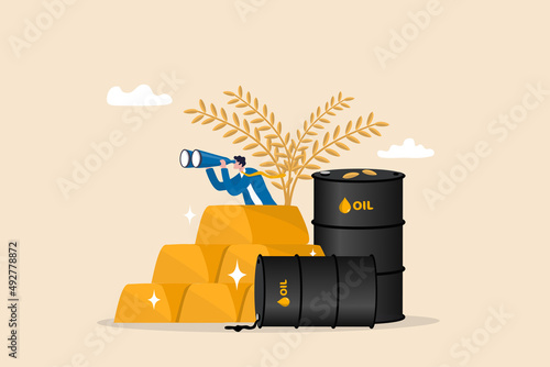 Commodities price for trading and investment, agriculture rice, crude oil and precious gold vision, forecast in world economy concept, businessman trader look through binocular from commodity assets.