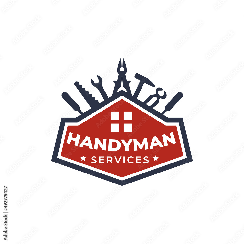Logo design Symbol of repair and renovation of handyman tools with tools, wrench, screwdriver, hammer, pliers, saw, scrap.