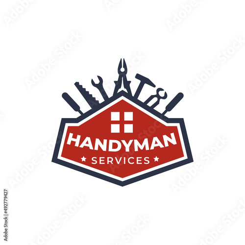 Logo design Symbol of repair and renovation of handyman tools with tools, wrench, screwdriver, hammer, pliers, saw, scrap.