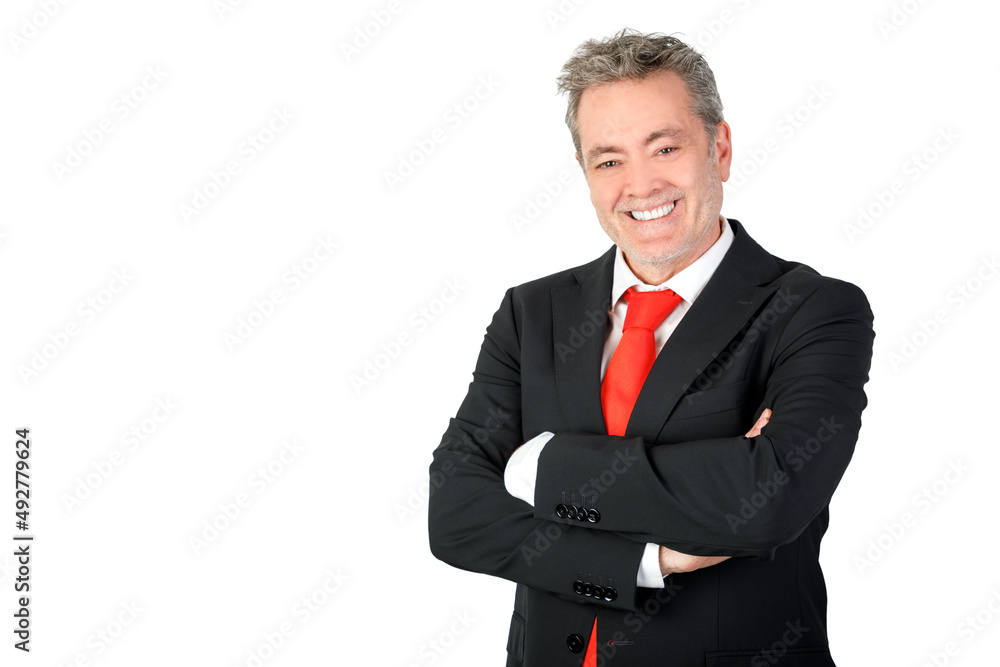 Happy business man smiling looking at camera crossing arms wearing a suit. Isolated on white background. 45-50 years old caucasian man. Happy business man smiling looking at camera crossing arms wearing a suit. Isolated on white background. 45-50 years old caucasian man.