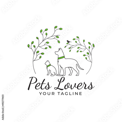 Line style dog and cat logo design, surrounded by plants