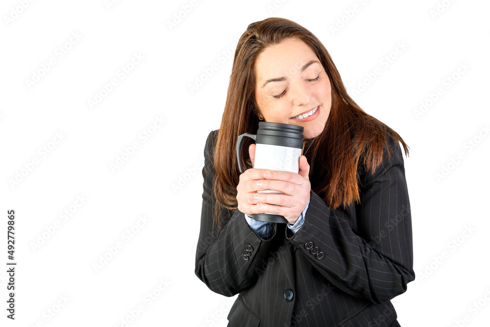 Woman holding a hot thermo. Pleasant sensation. Isolated on white background. 40-45 years old.