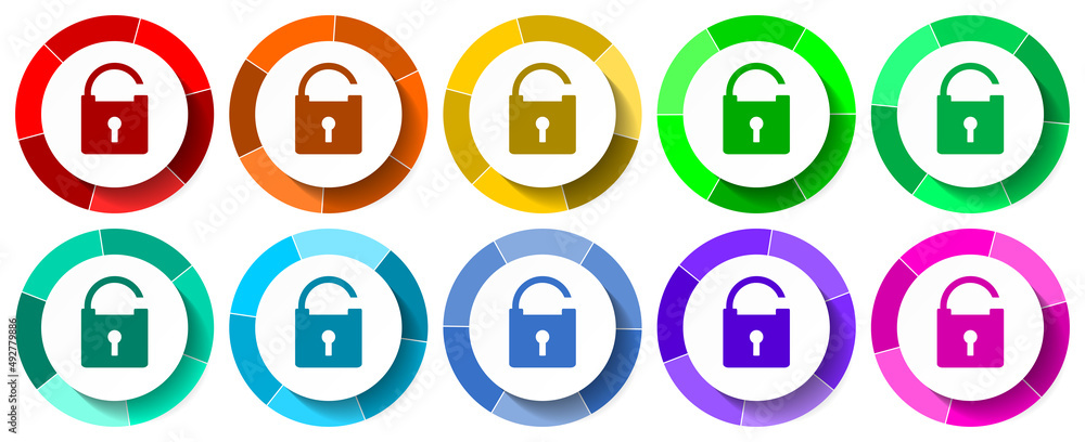 Padlock icon set, secure flat design vector illustration in 10 colors options for mobile applications and webdesign Padlock icon set, secure flat design vector illustration in 10 colors options for mobile applications and webdesign