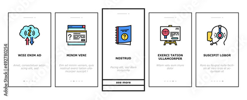 Information And Client Supporting Onboarding Mobile App Page Screen Vector. Brochure With Important Information Call Service Support Or Advice, Guidance , Handbook Literature Manual Book Illustrations