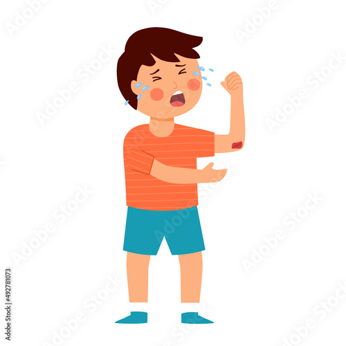 Crying boy kids has elbow bleed in flat design on white background. Child injured.