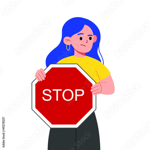 Woman is showing a gesture No. negative, opposite gestures set. woman protested holding a sign stop
