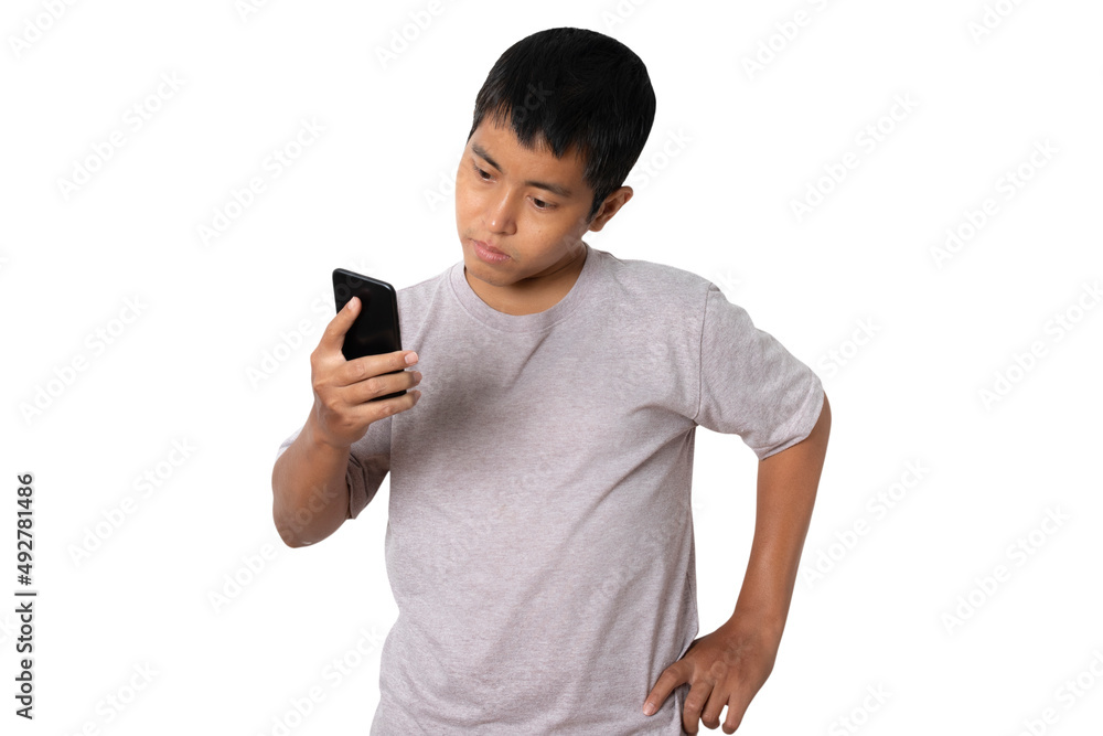 Portrait of young man using smartphone. Human emotion face expression concept. Portrait of young man using smartphone. Human emotion face expression concept.