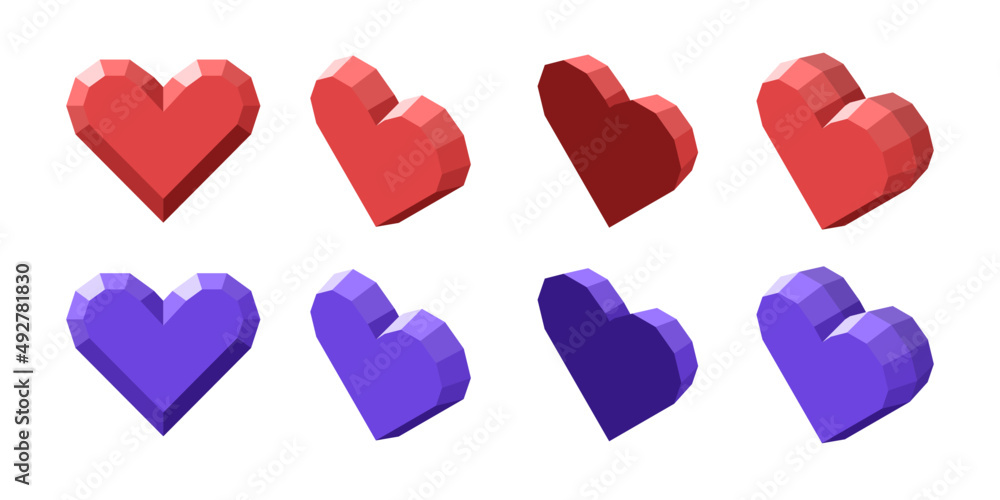 Geometric heart shape design set. Isometric design.