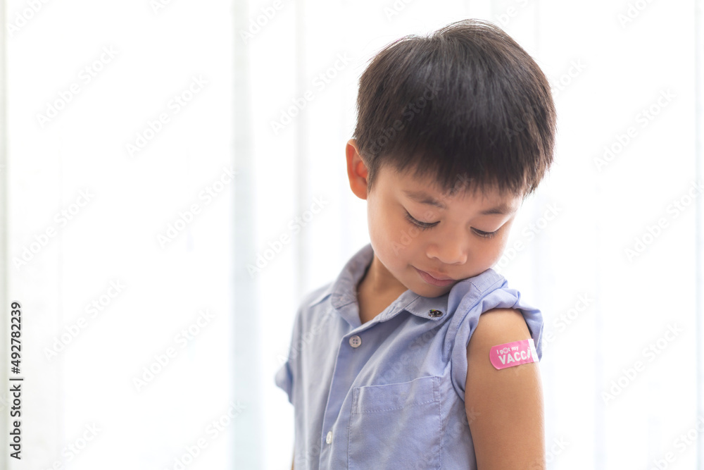 Portrait of happy smile vaccinated little asian kid boy children ages 5 to 11 years old posing show arm with medical plaster after Injection vaccine Covid-19 protection.coronavirus vaccination kid Portrait of happy smile vaccinated little asian kid boy children ages 5 to 11 years old posing show arm with medical plaster after Injection vaccine Covid-19 protection.coronavirus vaccination kid