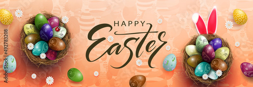 Brown texture illustration with Easter eggs in the nest and rabbit ears