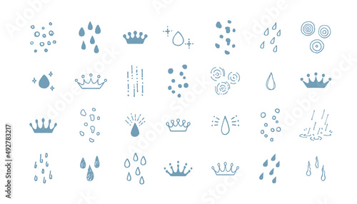 シンプルでかわいい手描きの雫　水滴　雨粒　ミルククラウン　装飾イラストセット