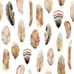 Fotobehang Boho stijl patronen Aquarel veren patroon bruin beige  © katrinshine