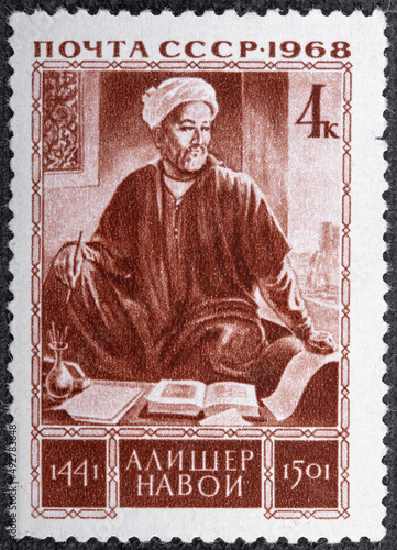 USSR - CIRCA 1968: Postage stamp issued in the Soviet Union dedicated to the 525th Birth Anniversary of Alisher Navoi, circa 1968 photo