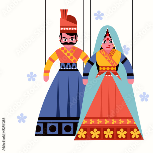Illustration of Indian hanging puppets King and Queen