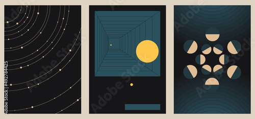 A set of three vintage aesthetic geometric background patterns. Minimalistic posters for social media, web design. Sketchy illustrations with thin lines, gradients, geometric shapes.