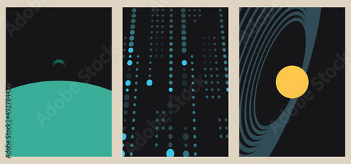 A set of three vintage aesthetic geometric background patterns. Minimalistic posters for social media, web design. Sketchy illustrations with thin lines, gradients, geometric shapes.