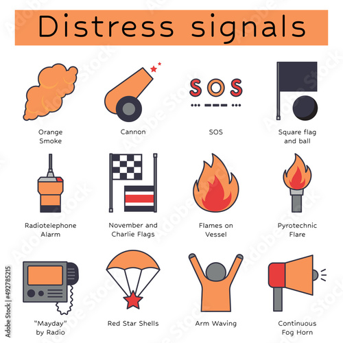 maritime Distress signals sos survival skills vector icon set illustration 