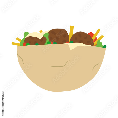 vector illustration of falafel, Israeli and Lebanese  food, with pita bread, tahini, fries, lettuce, and tomato. isolated on white background. cartoon style drawing. Traditional Middle Eastern food cl
