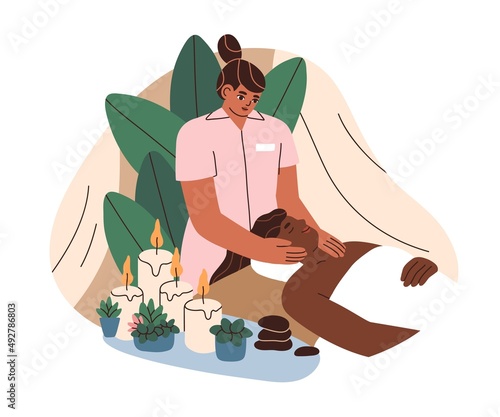 Beauty salon client at facial massage. Woman at face skin care treatment in SPA wellness center. Cosmetologist during manual procedure. Flat graphic vector illustration isolated on white background