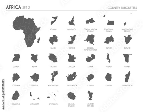 Set of 29 high detailed silhouette maps of African Countries and territories, and map of Africa vector illustration.