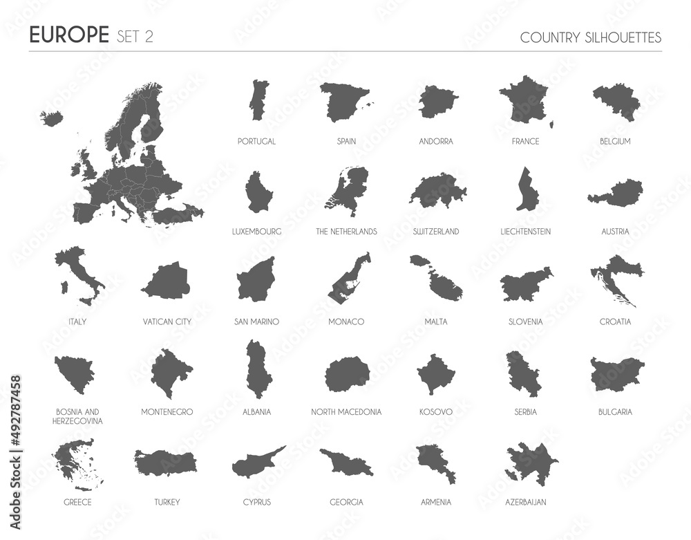 Set of 30 high detailed silhouette maps of European Countries and territories, and map of Europe vector illustration.