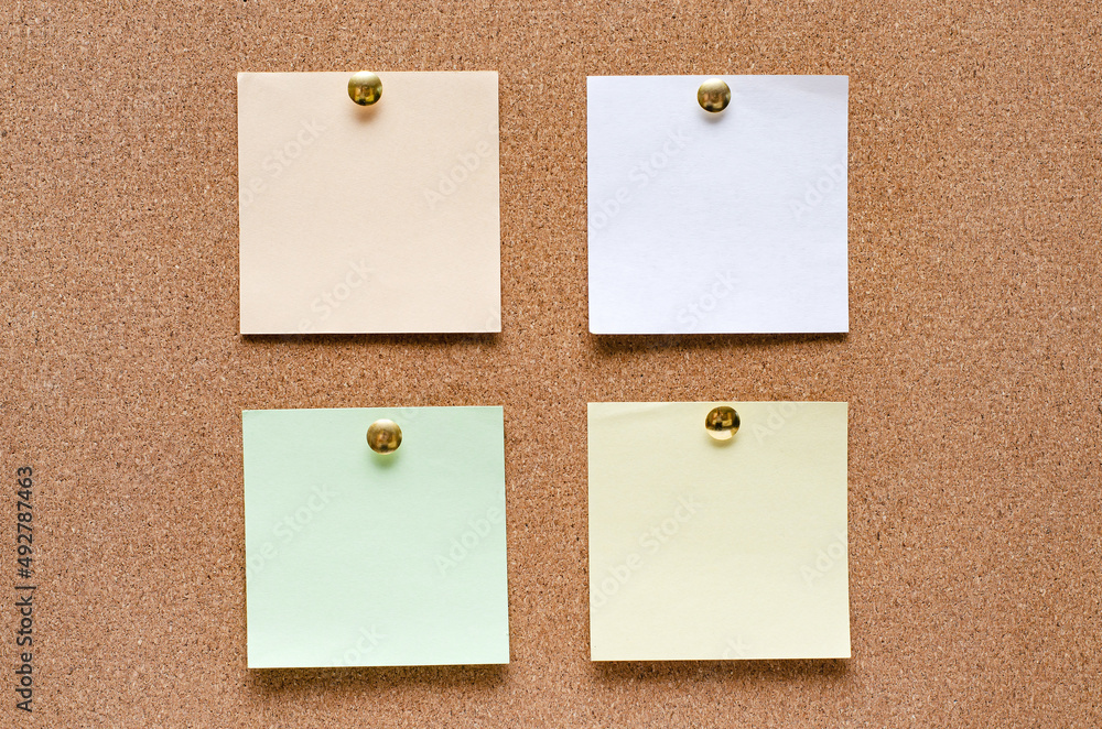 Blank paper notes are pinned to a cork board. Copy space. Blank paper notes are pinned to a cork board. Copy space.