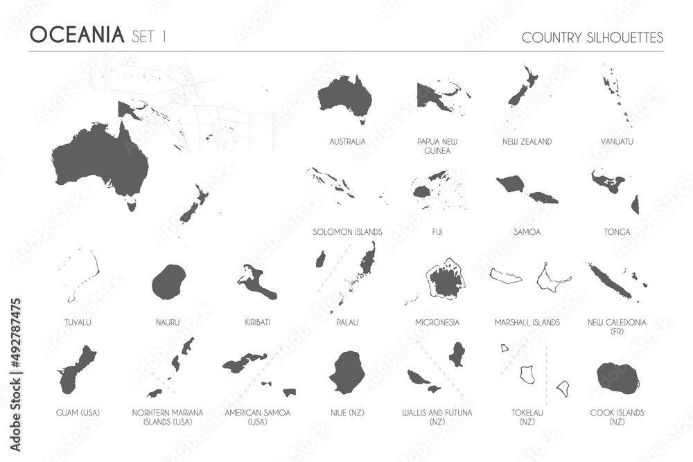 Set of 22 high detailed silhouette maps of Oceanian Countries and territories, and map of Oceania vector illustration. - obrazy, fototapety, plakaty 