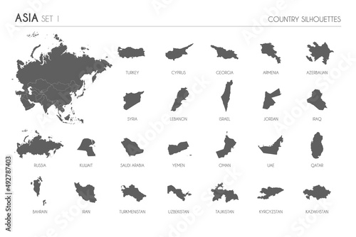Set of 24 high detailed silhouette maps of Asian Countries and territories, and map of Asia vector illustration.