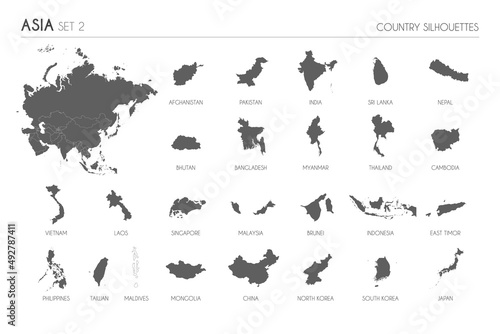 Set of 25 high detailed silhouette maps of Asian Countries and territories, and map of Asia vector illustration.
