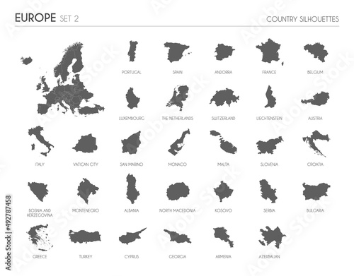 Fototapeta Naklejka Na Ścianę i Meble -  Set of 30 high detailed silhouette maps of European Countries and territories, and map of Europe vector illustration.