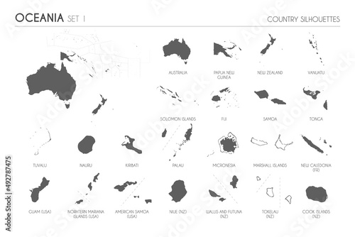 Set of 22 high detailed silhouette maps of Oceanian Countries and territories, and map of Oceania vector illustration. photo