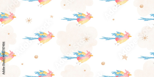 Fototapeta Naklejka Na Ścianę i Meble -  seamless pattern, cute parrots and clouds, safari, children's illustration in watercolor on a white background