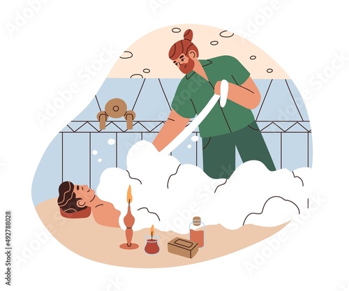 Foam massage in Turkish bath, hammam. Person relaxing while masseur treating him with traditional bubble peeling in SPA and wellness salon. Flat vector illustration isolated on white background