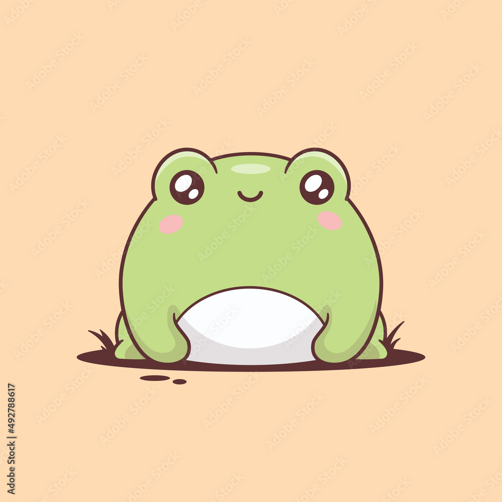 Green frog - toad, kawaii cartoon character. Cute chubby frog drawing  vector illustration. Stock Vector | Adobe Stock