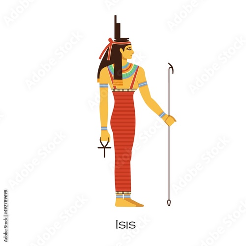 Isis, old Egyptian goddess for healing and dead. Ancient Egypts female god profile. History and religion character of heavens. Religious deity. Flat vector illustration isolated on white background