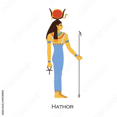 Hathor, Ancient Egyptian goddess. Female solar deity. Old Egypts mother. Major divine woman with sun symbol. History religion character. Flat vector illustration isolated on white background
