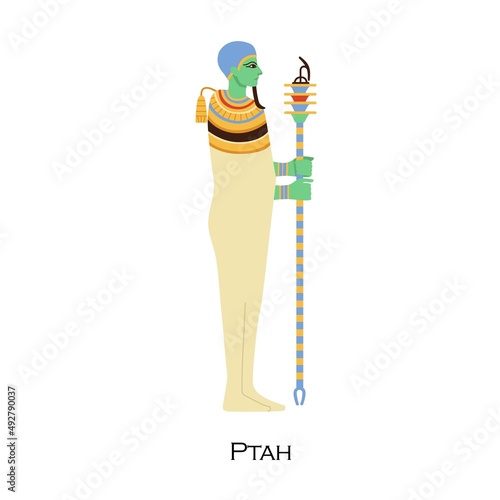 Ptah, old Egyptian god, patron of creators, craftsmen. Ancient Egypts deity profile. Religious historical character from myths, history. Flat vector illustration isolated on white background