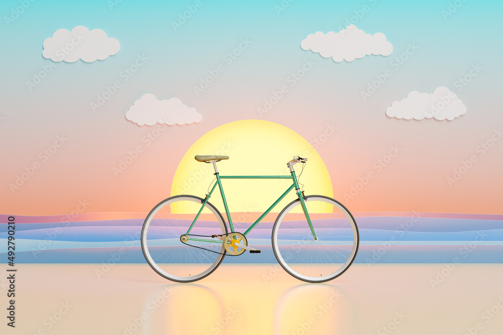 Fototapeta premium bike with artificial beach at sunset in a studio