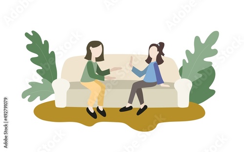 Two people are sitting on the sofa. One of them stretches out his arms to the other to touch or hug. The other steps back to avoid contact. Relationships between parents and teenagers. Flat vector