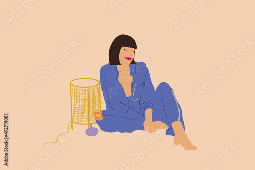 Young brunette woman in blue pyjama sitting relaxed on beige background. Vector illustration