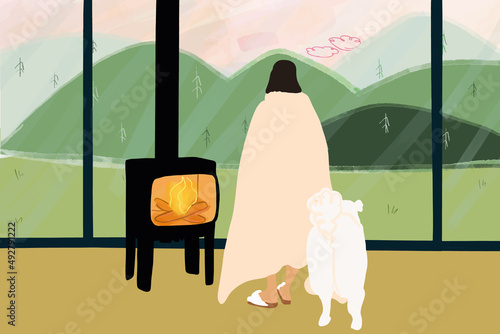 Woman covered with plaid standing with dog by the fireplace near the window and enjoying beautiful view on mountains. Concept of home cosiness and rest on nature. Vector illustration
