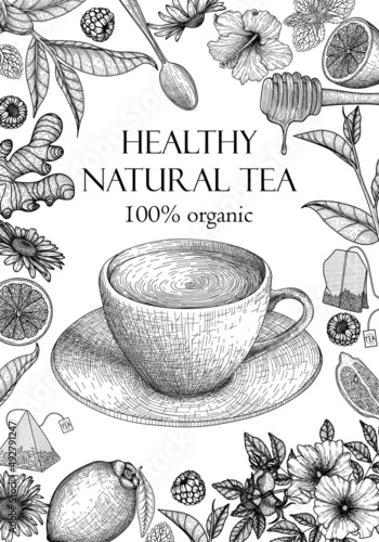 Vector banner template. Graphic linear elements of useful tea. Cup with tea, spoon, lemon, hibiscus, chamomile, mint, raspberry, honey, ginger, rosehip, leaf tea and tea bags