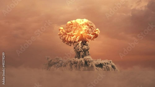 massive nuke bomb test explosion with film look and a large shockwave hitting camera photo