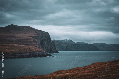 Profile view of Trollkonufingur, Witch's Finger in Vagar island. November 2021