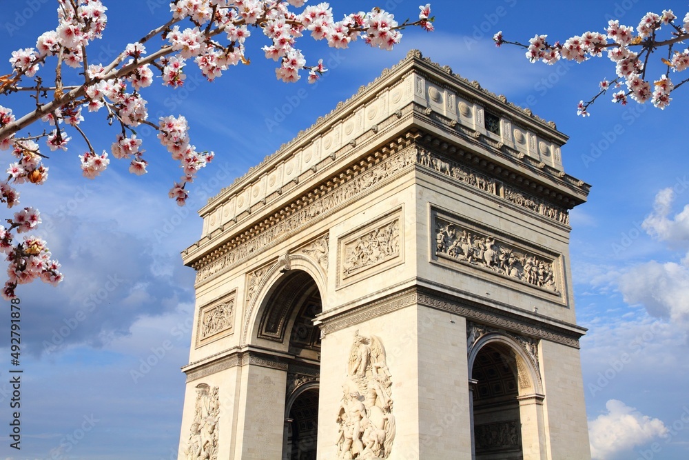 Obraz premium Triumphal Arch, Paris. Spring blossoms in France.