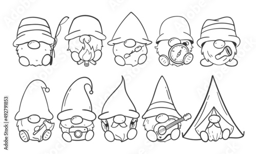 cartoon lines camping gnomes holding hiking gear coloring book for kids