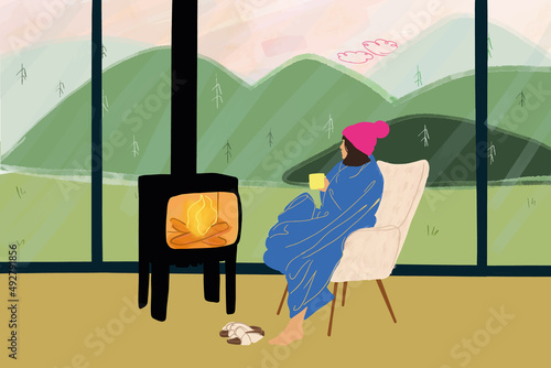 Young woman covered in plaid sitting on chair by the fireplace near the window at home, enjoying hot drink and view on the mountains. Concept of home cosiness and rest on nature. Vector illustration