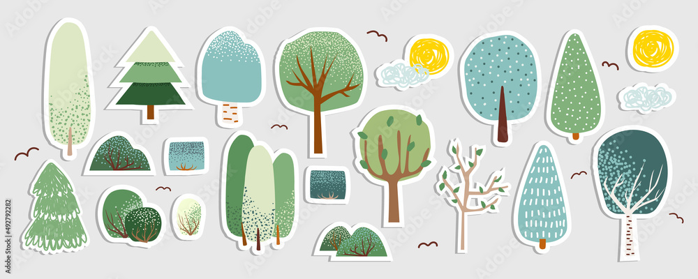 custom made wallpaper toronto digitalSet of trees stickers with white outline. Vector hand drawn illustration.