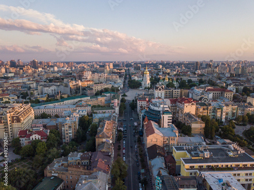 Beautiful aerial view of Kyiv at sunrise. View from drone. Space for text. The capital of Ukraine, before the war with Russia. Space for text.