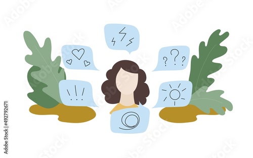 An adult person or woman experiences various and conflicting feelings and emotions of anger, love, confusion, happiness, surprise. Feelings management, emotional intelligence. Flat vector illustration